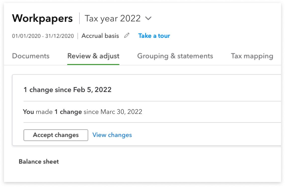 Workpapers screen with the Review and adjust tab selected, noting beneath it that there has been one change since a certain date