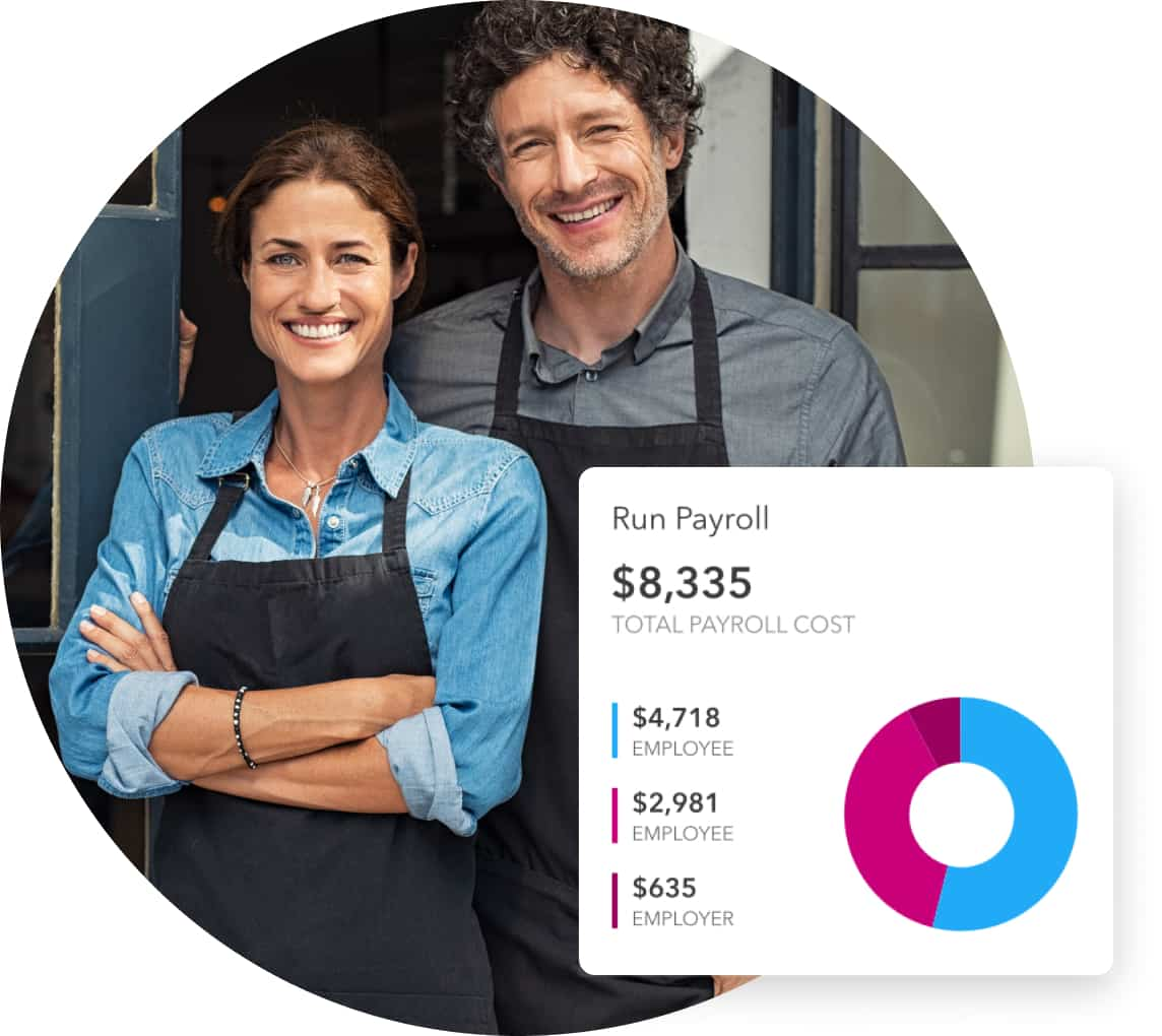 Couple wearing aprons in front of their store, with their run payroll screen in QuickBooks overlaid on top.  