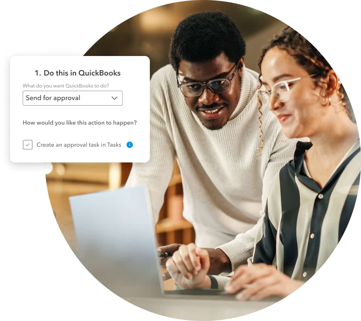 Two coworkers set up automations in QuickBooks.