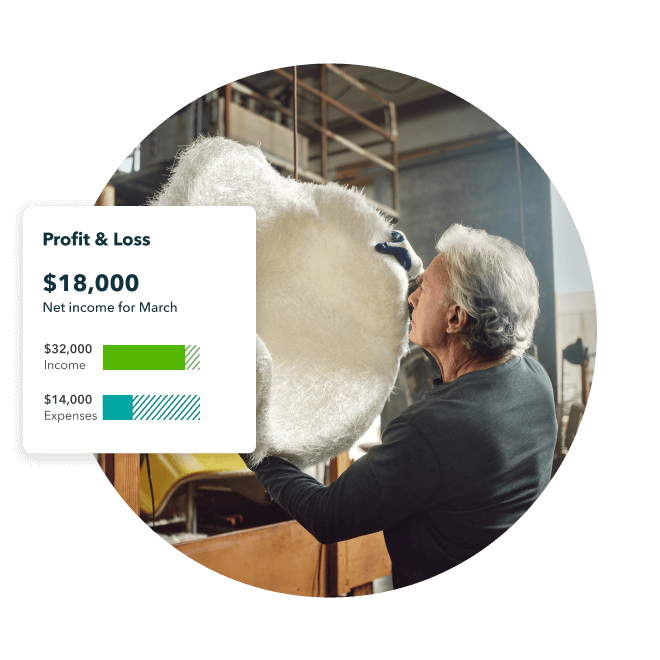 Modernica owner Jay Novak works on forming a chair in factory, with a profit and loss overlay in QuickBooks.