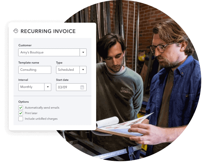 Small business owner using the recurring invoice feature within QuickBooks Online.
