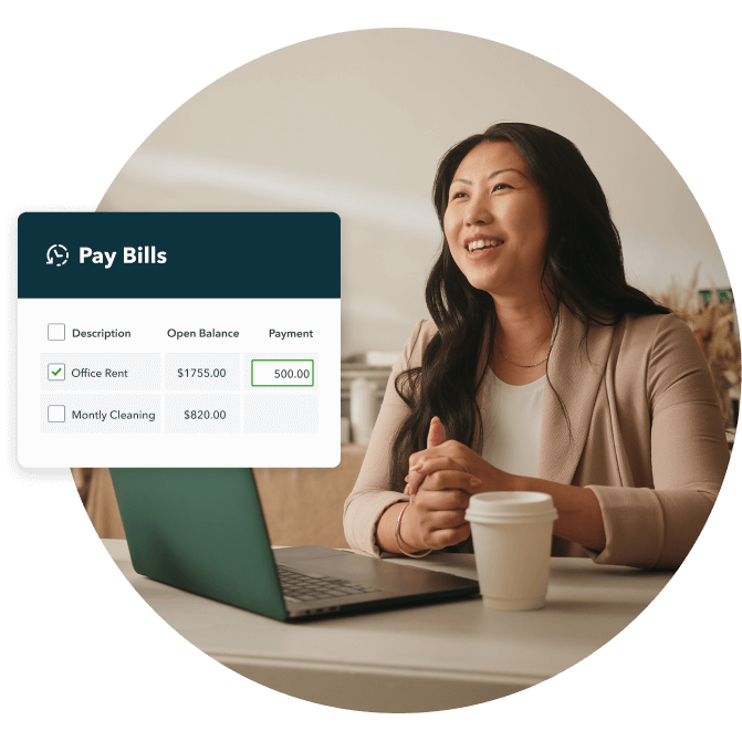 A smiling Evelyn Chick with a QuickBooks pay bills overlay showing a payment for office rent. 