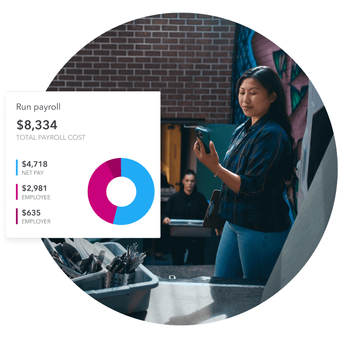 Evelyn Chick checks her smartphone. A pop-up window displays the salary cost dashboard.