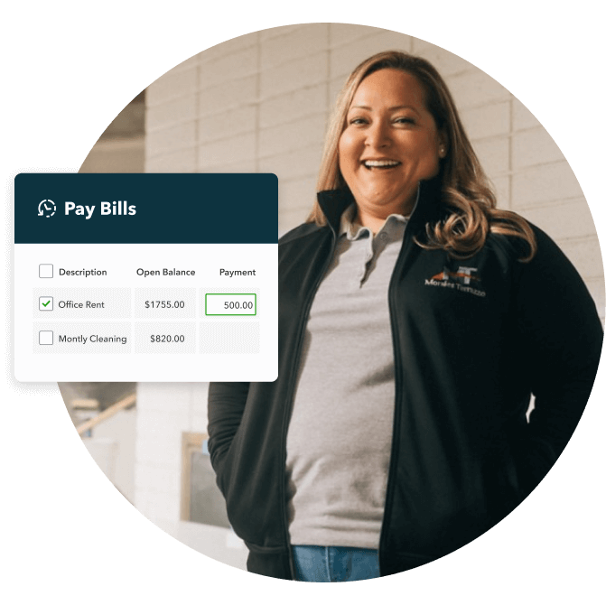 A smiling woman with a QuickBooks pay bills overlay showing a payment for office rent. 