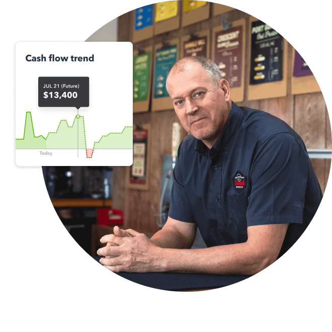 A man leaning on a counter and smiling at the camera while in his store, with a QuickBooks cash flow trend widget overlay.