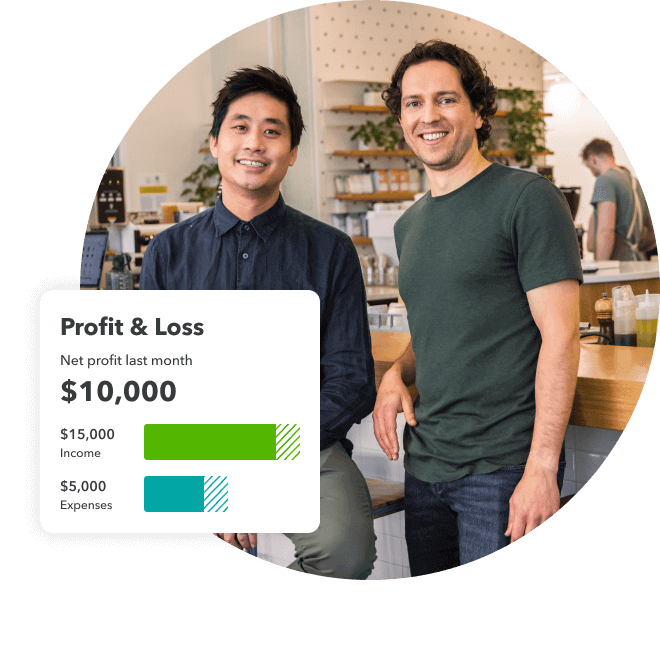 The owners of Monogram Coffee pose in their shop, with an overlay showing Profit and Loss in QuickBooks.