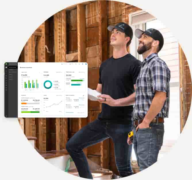 Shift accessibility construction owners working on site, a pop up of QuickBooks overview screen.