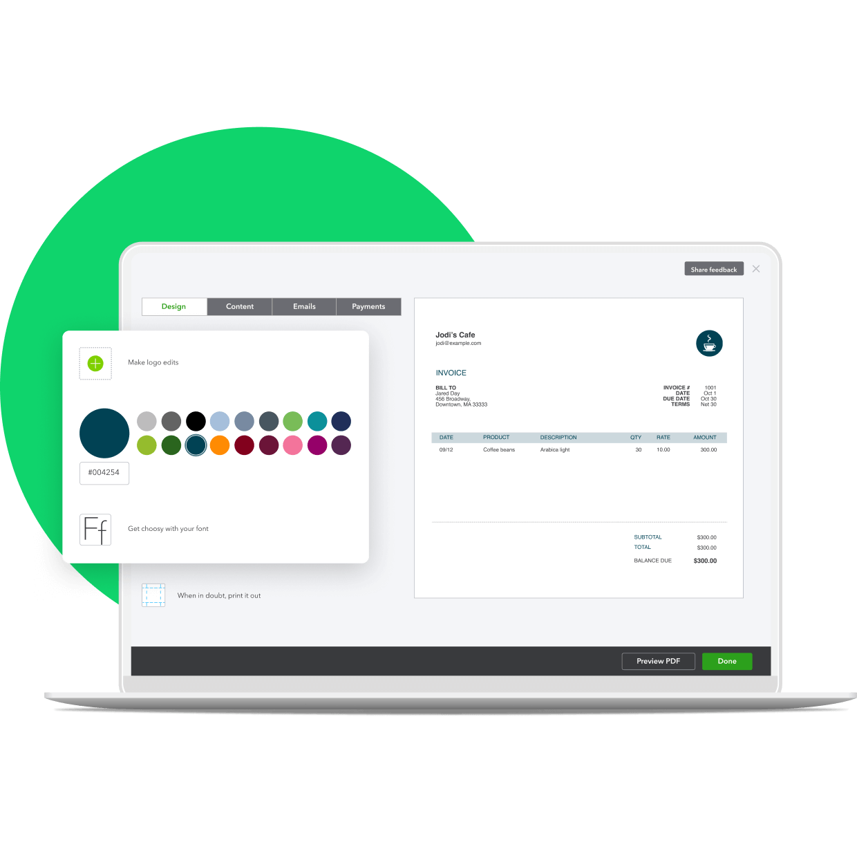 QuickBooks invoice set up screen showing customization options, such as colour and font.