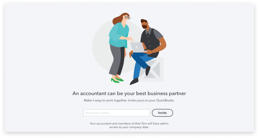 Illustration of a man and a woman conferring over a laptop, above an invitation field where accountant email can be input