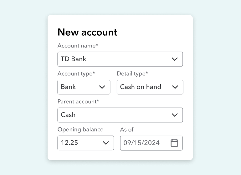 Interface showing the new account submission form, with Account name, type, detail, parent, opening balance and date.