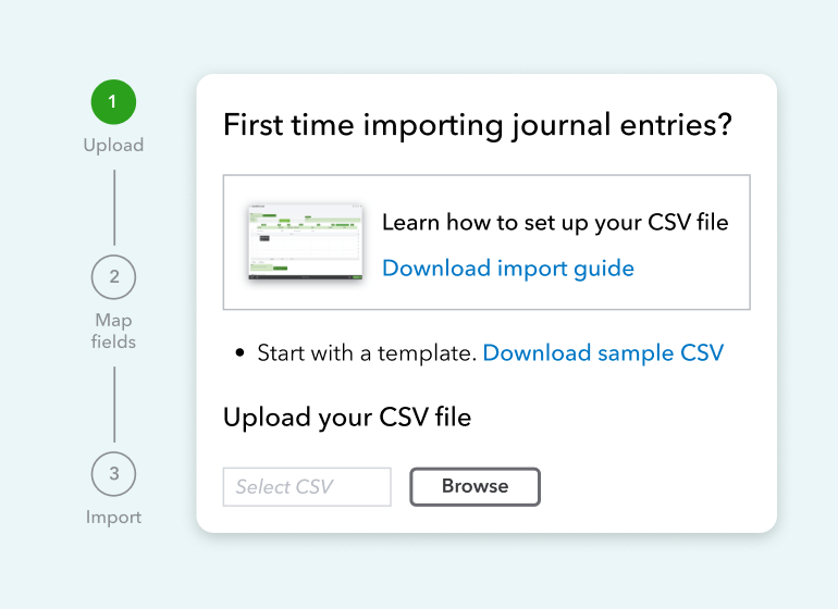 Interface showing importing journal entries, how to set up your CSV file, a download for import guide, and a link to a sample CSV.