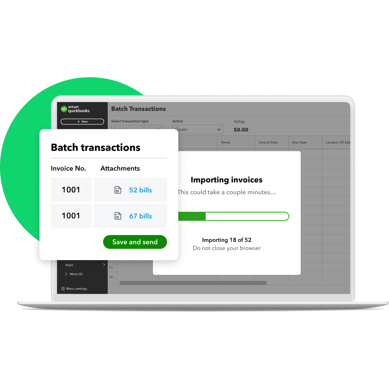 A laptop shows a notification of importing invoices into QuickBooks Online. A progress bar indicates that invoice 18 of 52 is uploaded.