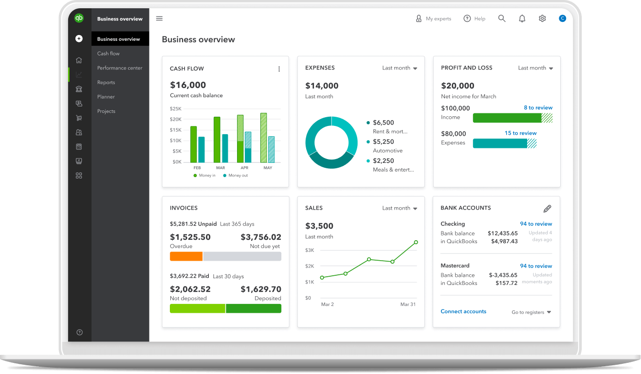 A laptop shows the business overview dashboard in QuickBooks Online
