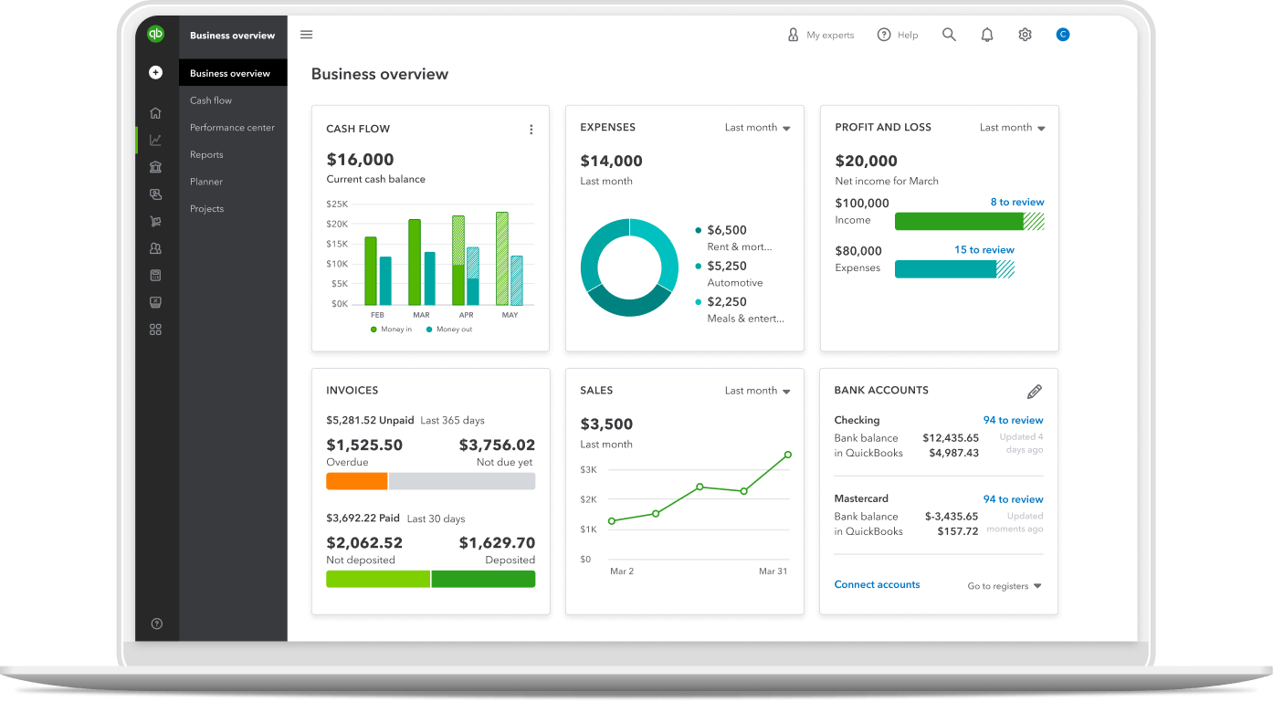 A laptop shows the QuickBooks Online business overview dashboard.