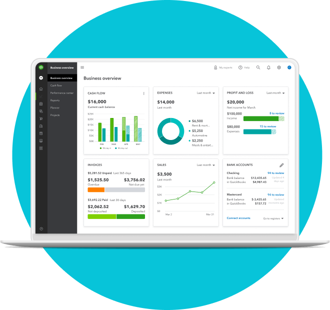 A laptop shows the QuickBooks Online business overview dashboard.
