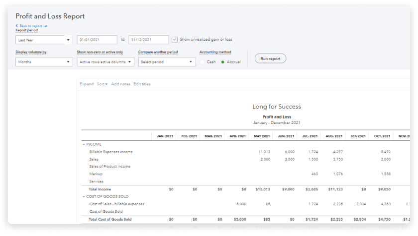 Profit and Loss Report screen, with definable report period and highly detailed statement