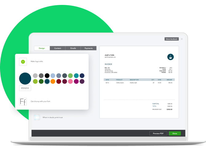 Screenshot of customizable invoices on QuickBooks Online.