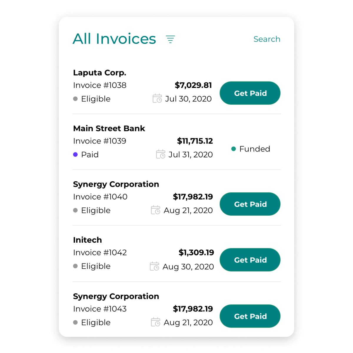 A list of invoices screen in Fundthrough
