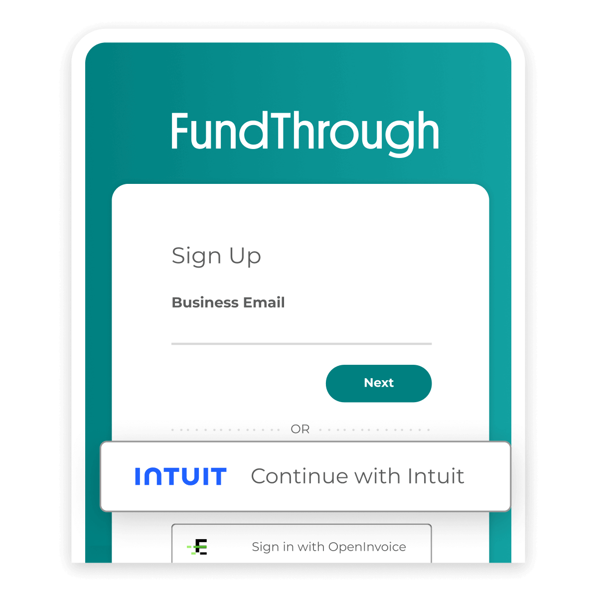 FundThrough sign up screen with Intuit account 