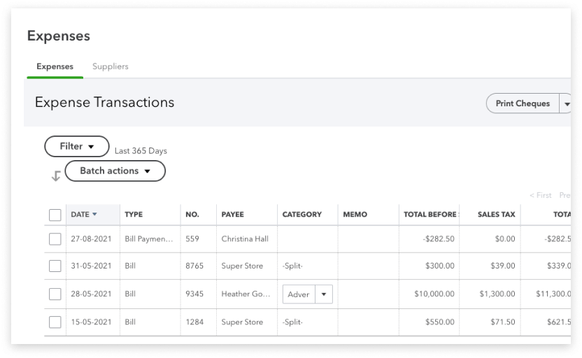 QuickBooks Online interface with Expense tab showing ability to filter and batch actions