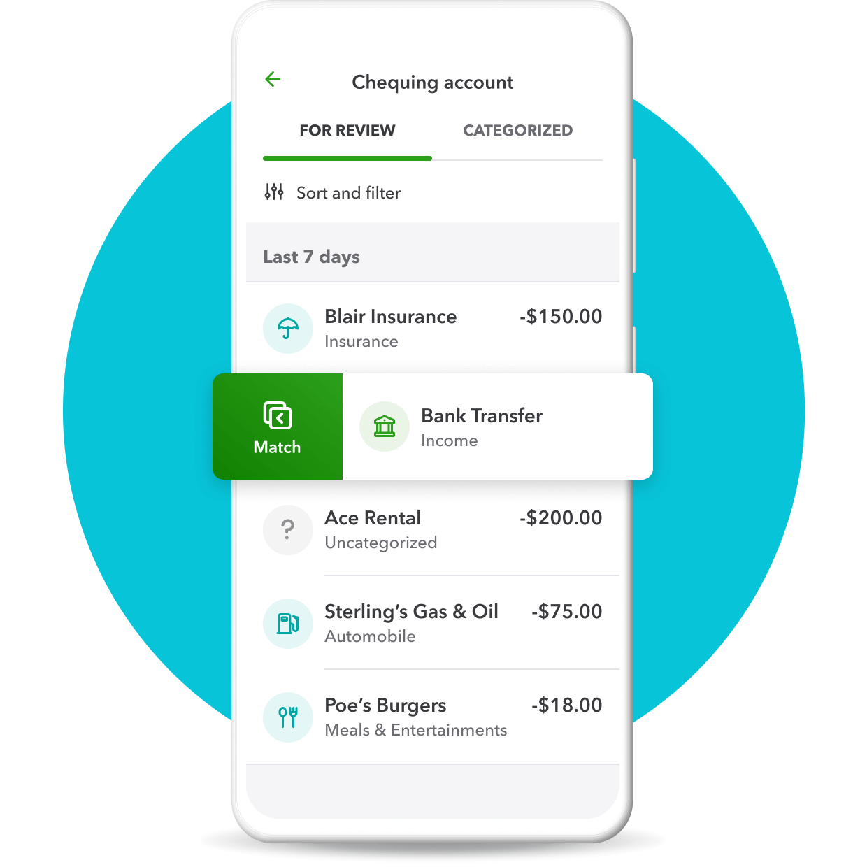 A screen showing chequing account with transactions from last seven days, a bank deposit and a match button.