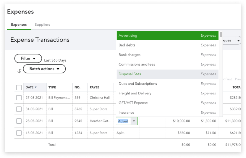 Expenses page with pop up menu allowing users to choose the expense type