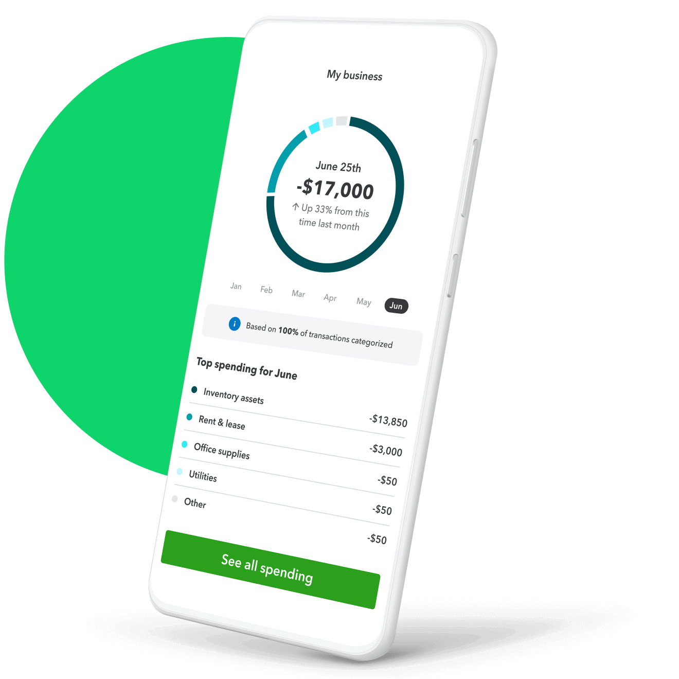 A smart phone showing the expenses screen in QuickBooks Online