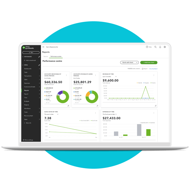 The QuickBooks Advanced Report dashboard showing Performance Centre with Accounts Receivable, Accounts Payable, Revenue by Time, Quick ratio by time, and expenses.