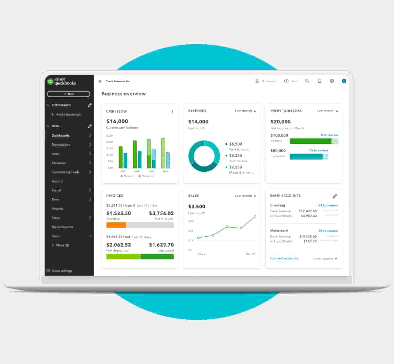 The QuickBooks dashboard showing business overview, including cash flow, expenses, profit and loss, invoices, sales, and bank accounts.