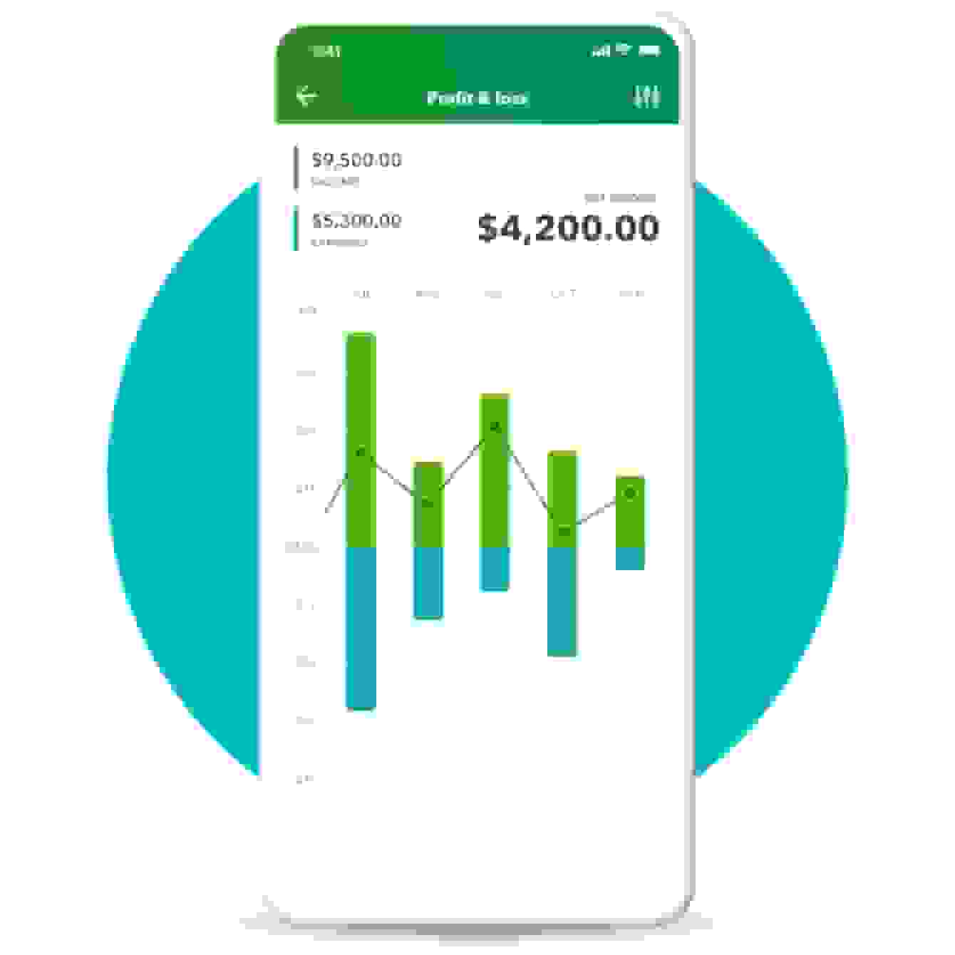A smartphone shows a profit and loss statement in QuickBooks Online.