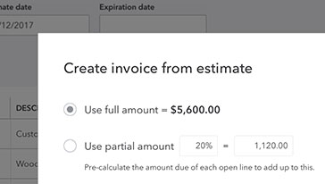Close up of 'Create invoice from estimate' with ability to choose between using full amount or a definable partial amount