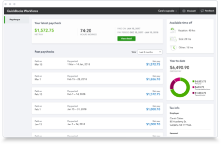QuickBooks dashboard that employees can access to track vacation days, view pay stubs, and more 