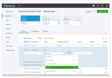 QuickBooks dashboard showing banking transactions