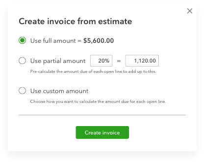 QuickBooks screen showing the option to divide an estimate into multiple invoices