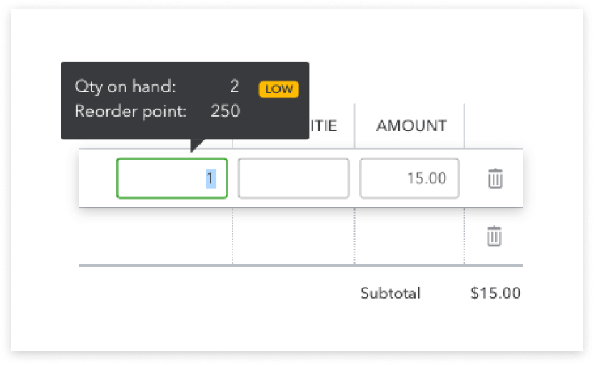 Pop up from QuickBooks Online showing quantity of items on hand, a ‘low’ warning flag, and the specified reorder point