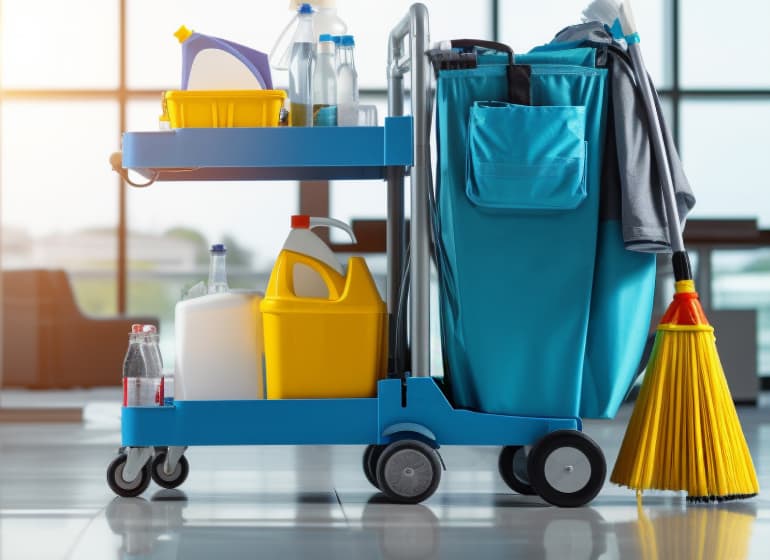 A cart of cleaning tools and supplies.