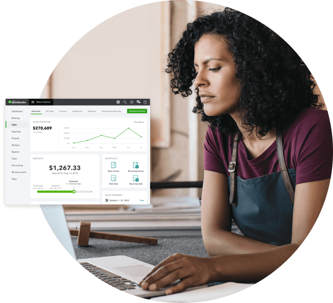 A woman looks intently at her laptop. A pop-up shows a sales report dashboard in QuickBooks Online.