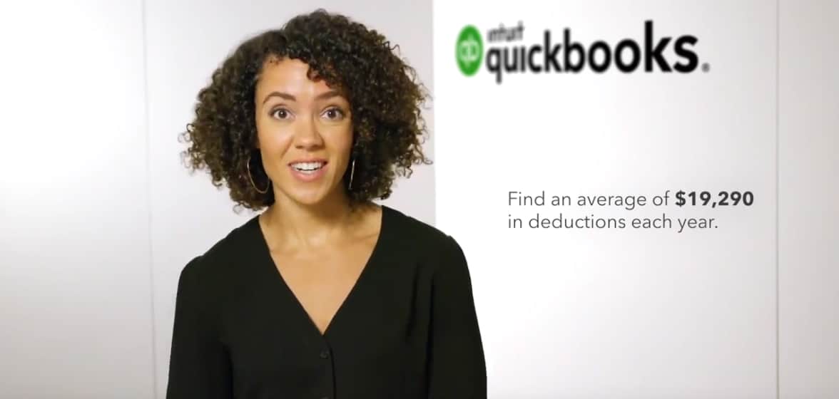 A woman stands in front of the QuickBooks logo. Text reads “find an average of $19,290 in deductions each year.