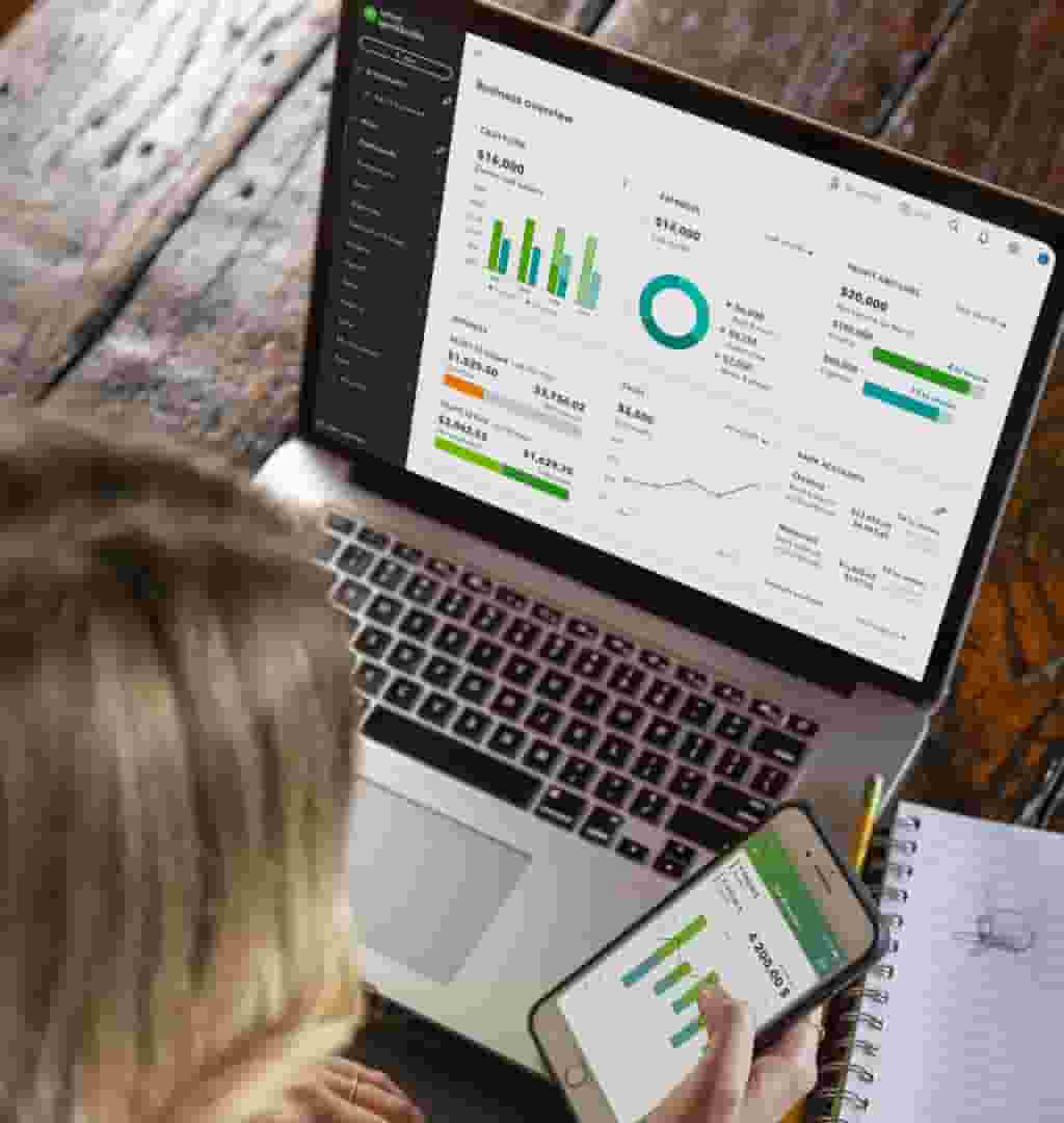 The QuickBooks report dashboard showing the business overview, with cash flow, expenses, profit and loss, bank accounts and more.