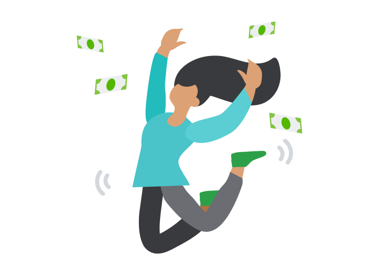 Illustration showing woman happy jumping after received money.