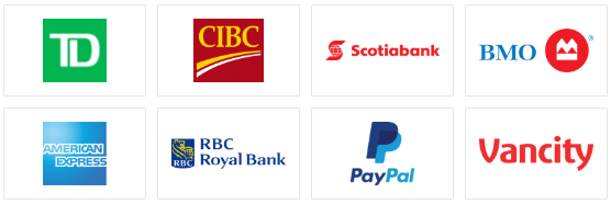 Série de logos représentant TD, CIBC, Banque Scotia, BMO, American Express, RBC Banque Royale, PayPal et Vancity.
