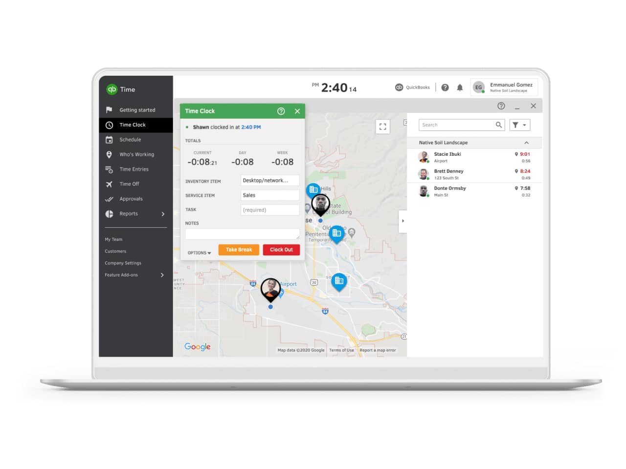 Image showing GPS tracker dashboard in QuickBooks Time