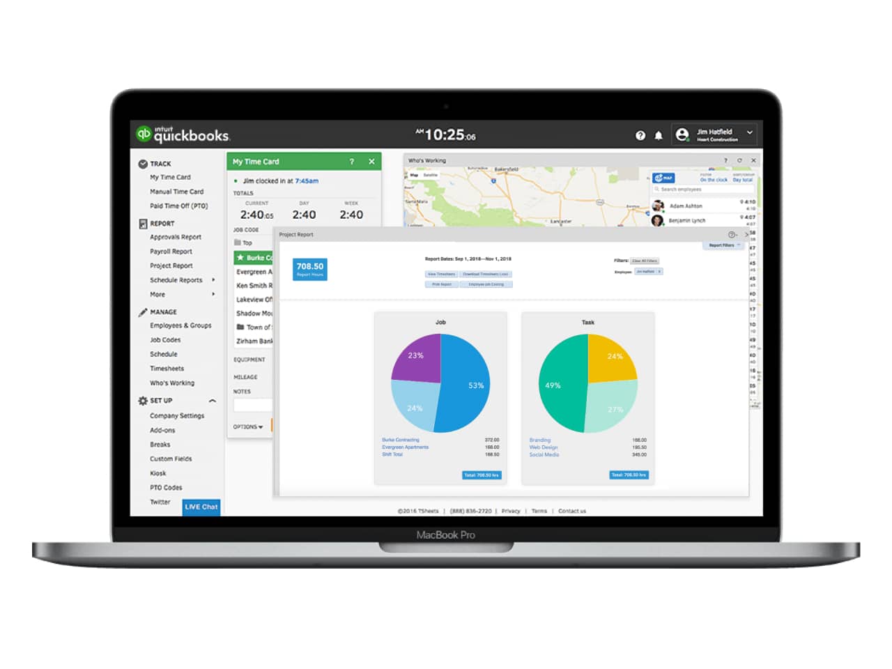 Laptop running QuickBooks Time job costing software.