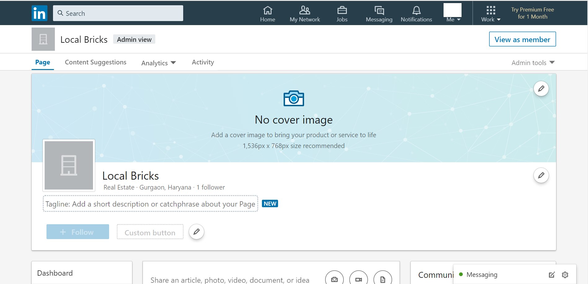 LinkedIn admin page depicting the drop down towards the top right of the page.