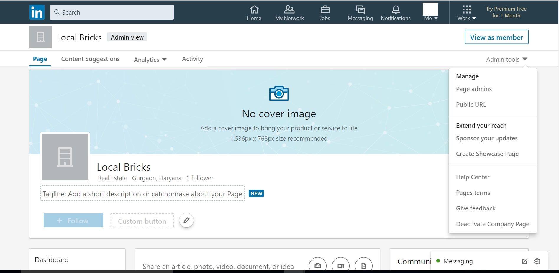 LinkedIn admin page showing various options of the admin tools drop down.