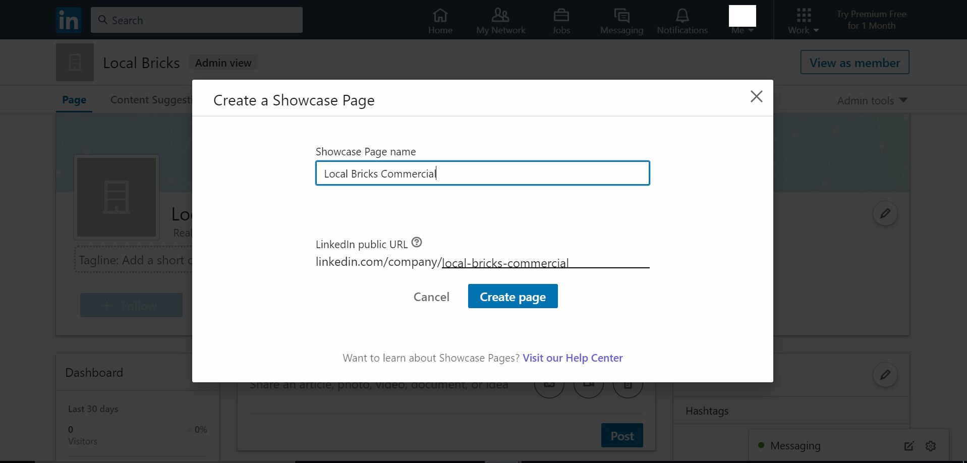 LinkedIn admin page showing various fields to be filled for creating LinkedIn Showcase Page