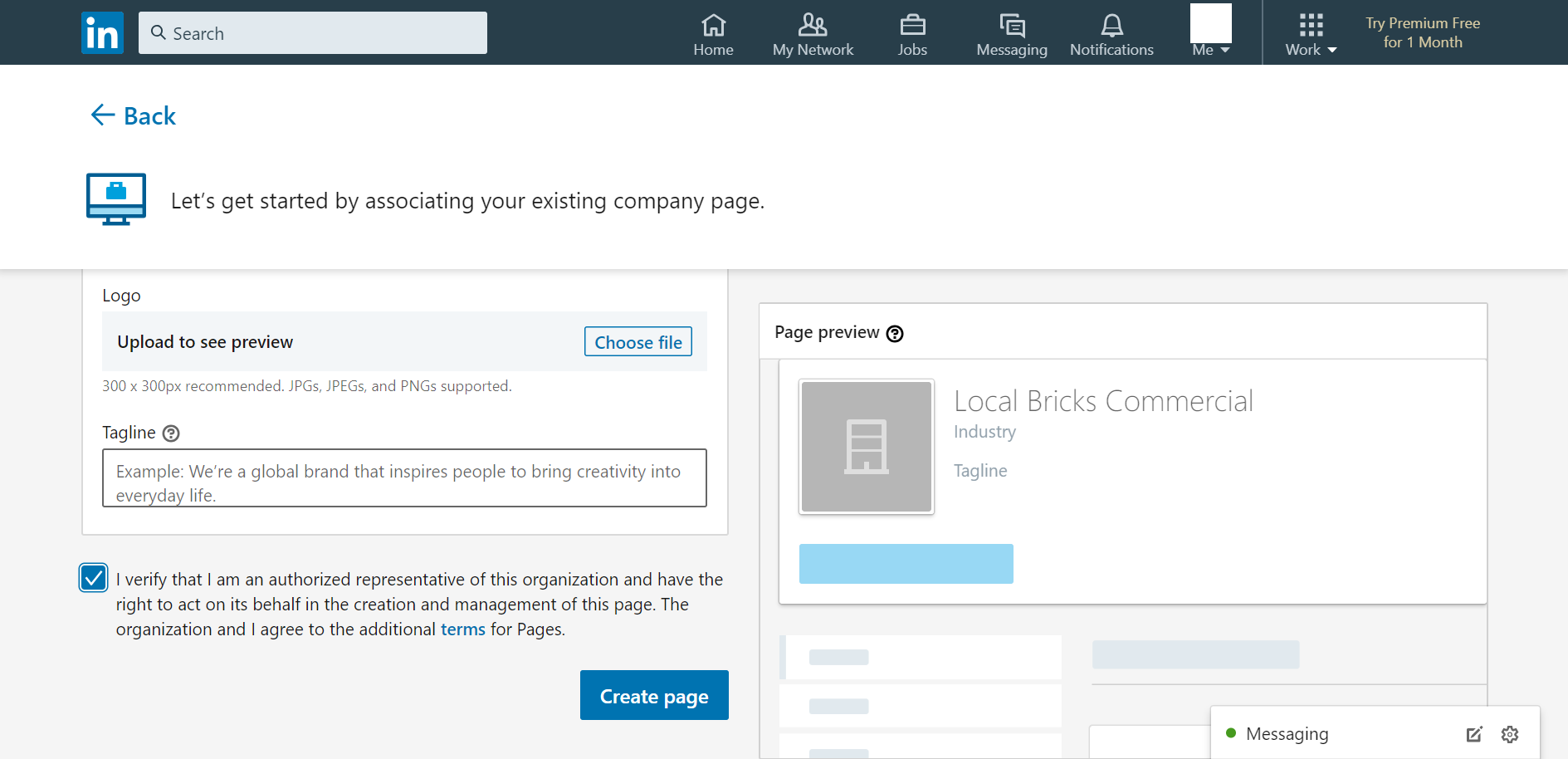 LinkedIn Page depicting the checkbox asking for verification of the person creating the LinkedIn Showcase Page as the representative of the company.