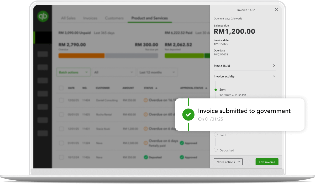 A computer screen showing QuickBooks e-Invoice.