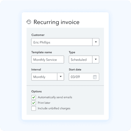 Recurring invoice setup screen with options selected