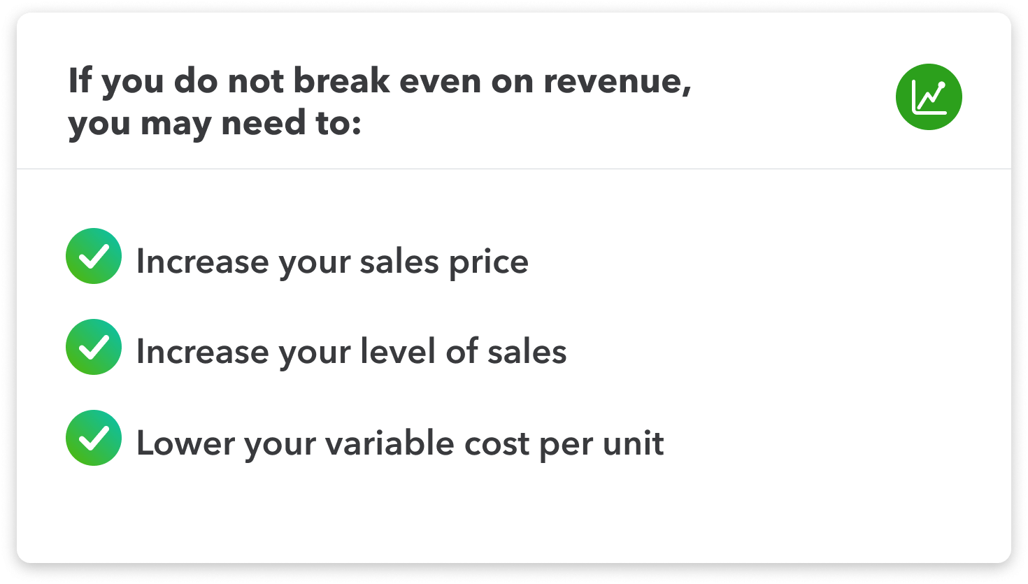 illustration of graph, with the text “If you do not break even on revenue, you may need to: increase your sales price, increase your level of sales, lower your variable cost per unit”